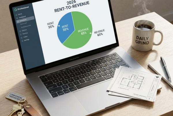 A high-angle, clean "top-down" (flat lay) shot on a modern light-wood desk. In the center, a tablet or laptop displays a professional dashboard showing a 2026 rent-to-revenue pie chart.