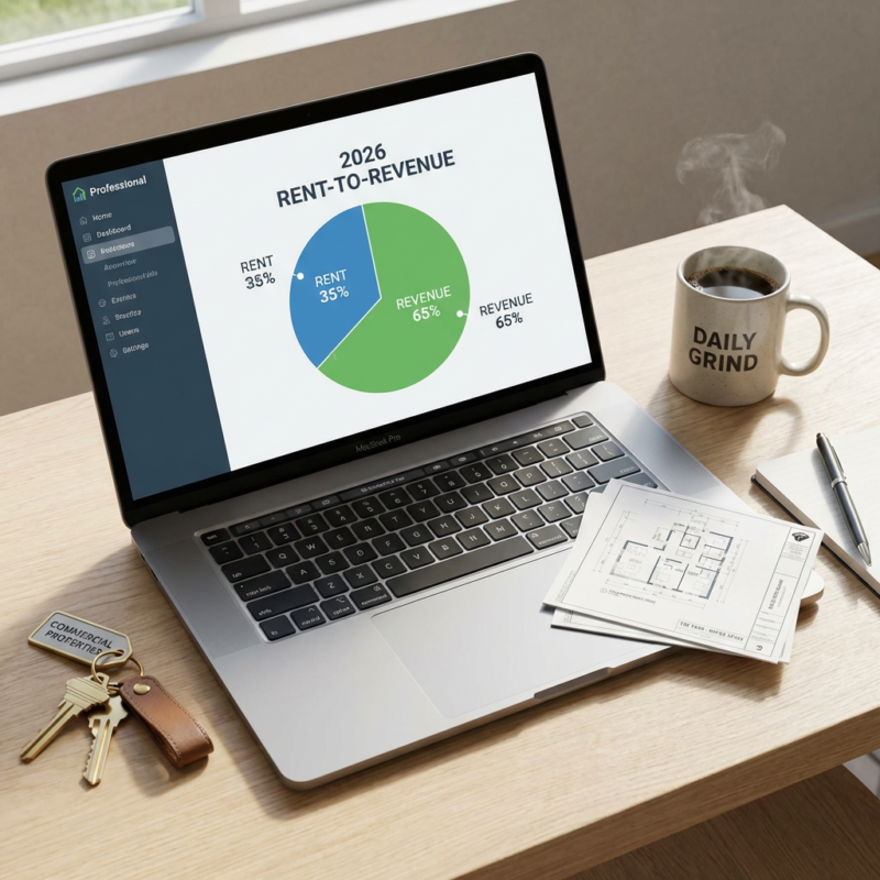A high-angle, clean "top-down" (flat lay) shot on a modern light-wood desk. In the center, a tablet or laptop displays a professional dashboard showing a 2026 rent-to-revenue pie chart.