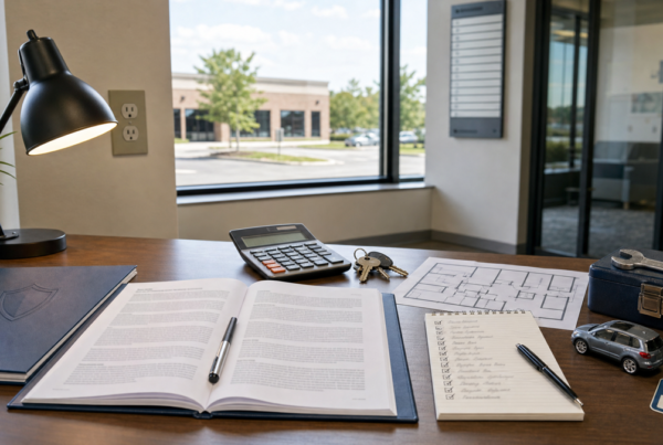 A naturally lit, understated office desk with a lease document, calculator, keys, floor plan, and expense checklist