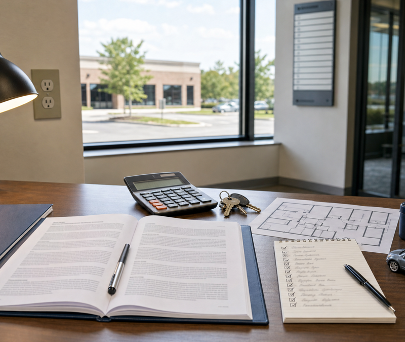 A naturally lit, understated office desk with a lease document, calculator, keys, floor plan, and expense checklist