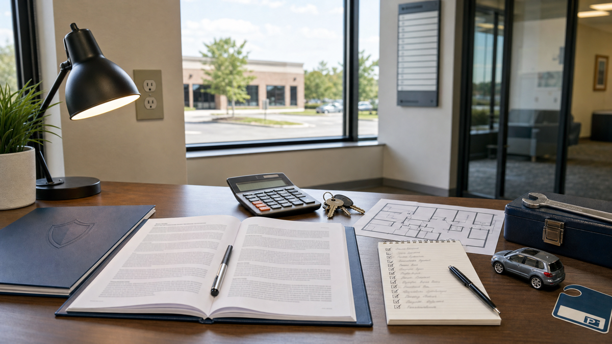 A naturally lit, understated office desk with a lease document, calculator, keys, floor plan, and expense checklist